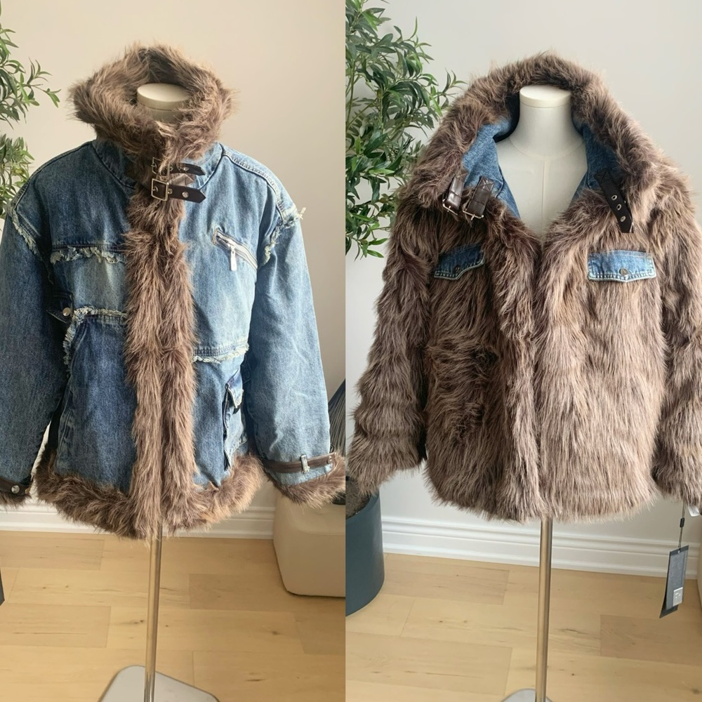 Reversible Denim Faux Fur Coat Heavy Winter Jacket M